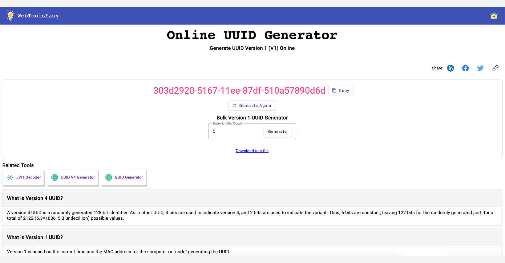 UUID V1 Generator: Generate Single Or Bulk UUID V1